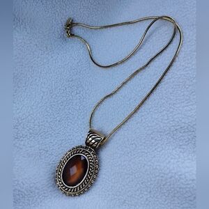 Elegant Gold and Brown Pendant Necklace Faceted Moon Light Stone Round Chain